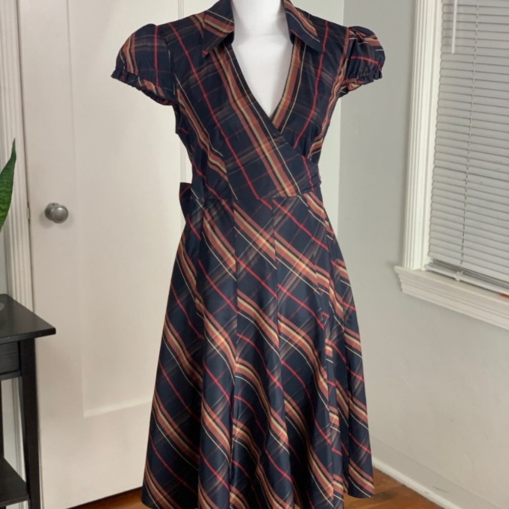 Moda International plaid cap sleeve wrap dress size 10